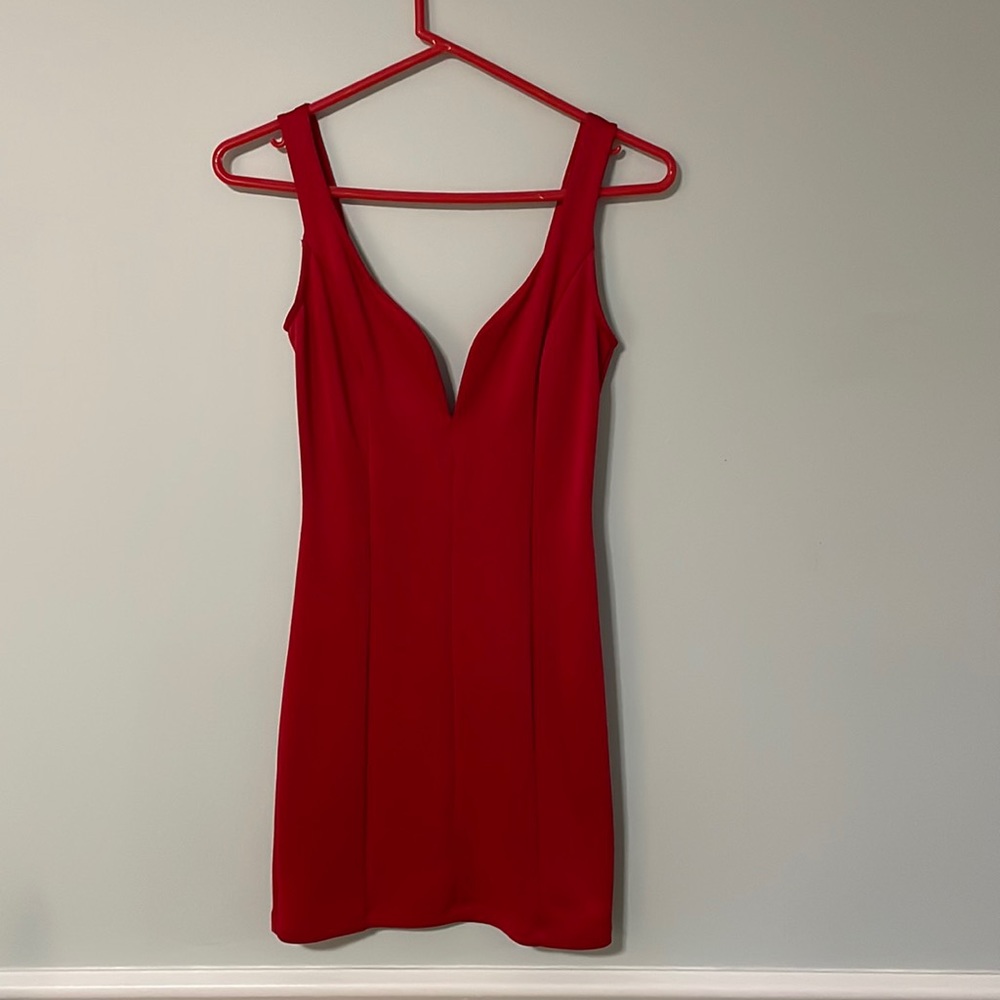 Mini plunge red dress. Very low v-cut. Papaya brand. Size small